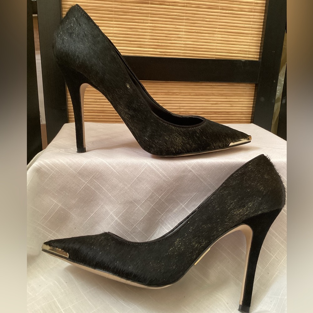 ♦️ Madonna Truth or Dare calf hair heels 7.5 gold tip stiletto pumps EUC